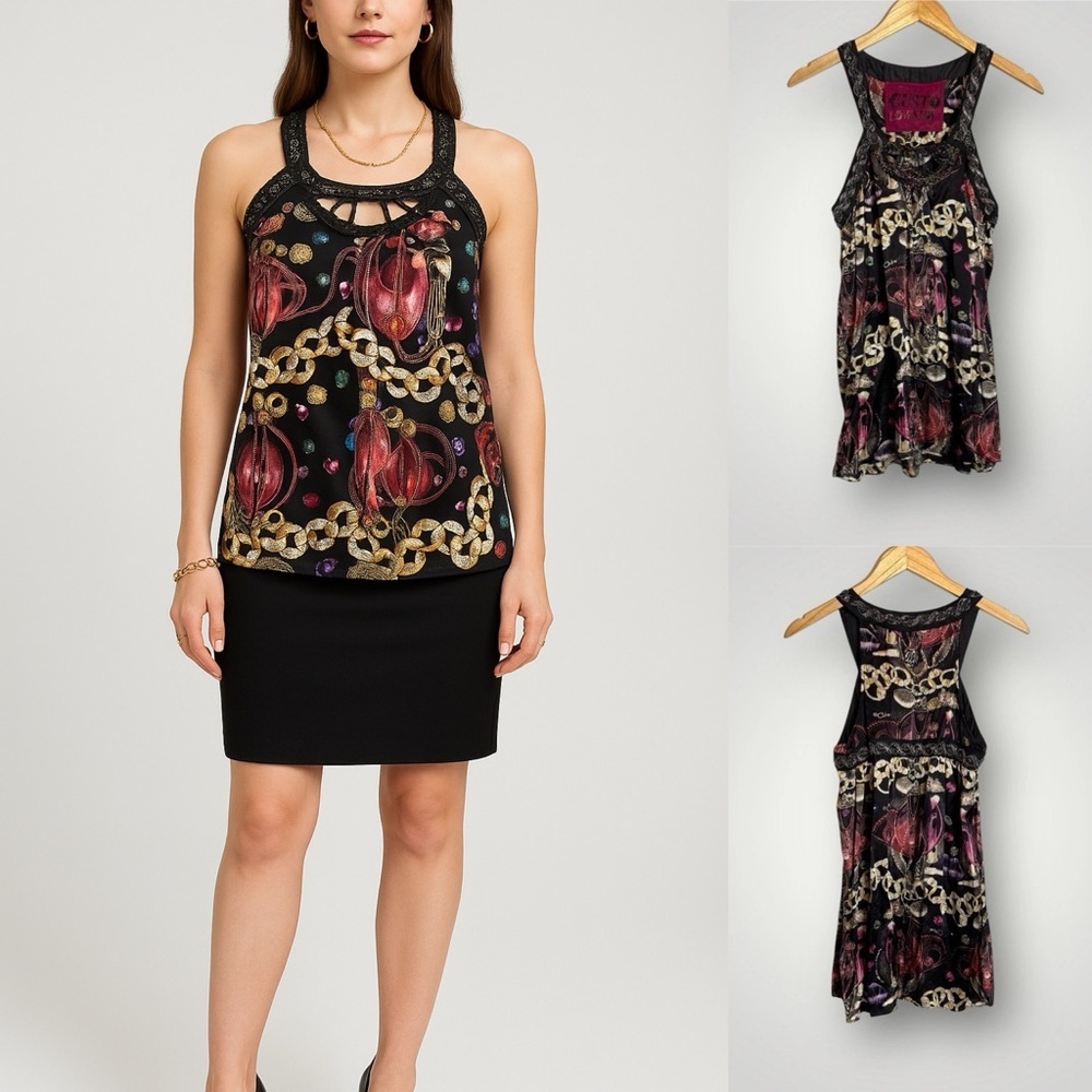 Custo Barcelona Lowxury 100% Silk Tank Medium Chains Beaded Y2K Artsy
